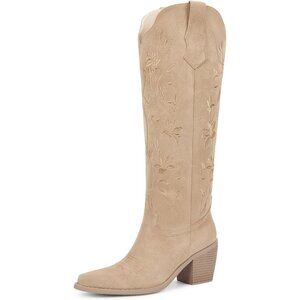 Women's Tan Cowboy Boots Knee High Cowgirl Boots With Pointed Toe Chunky Heel